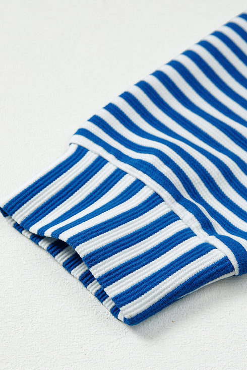 Striped Ribbed Knit Quarter Zip Long Sleeve Pullover
