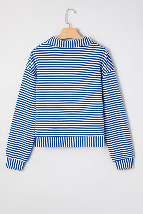 Striped Ribbed Knit Quarter Zip Long Sleeve Pullover