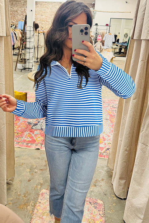 Striped Ribbed Knit Quarter Zip Long Sleeve Pullover