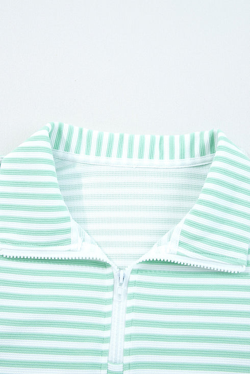 Striped Ribbed Knit Quarter Zip Long Sleeve Pullover