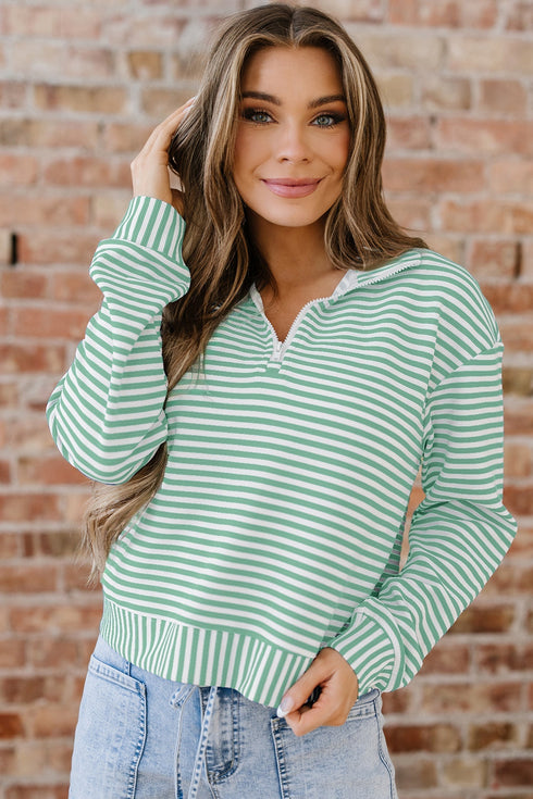 Striped Ribbed Knit Quarter Zip Long Sleeve Pullover