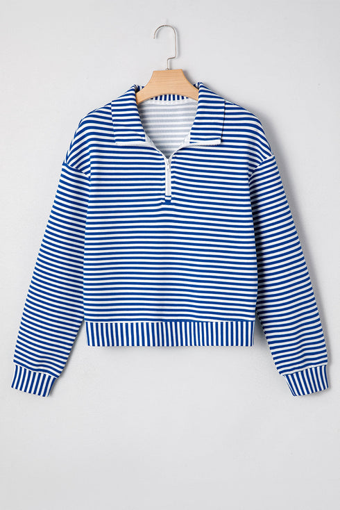 Striped Ribbed Knit Quarter Zip Long Sleeve Pullover