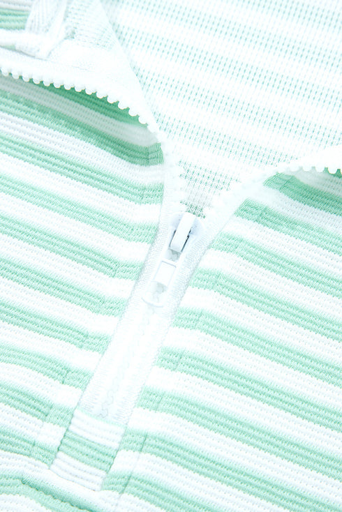 Striped Ribbed Knit Quarter Zip Long Sleeve Pullover