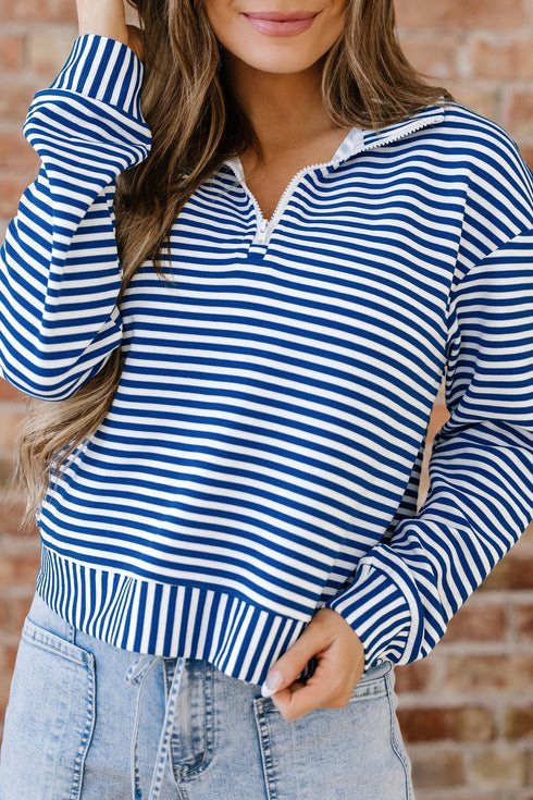 Striped Ribbed Knit Quarter Zip Long Sleeve Pullover