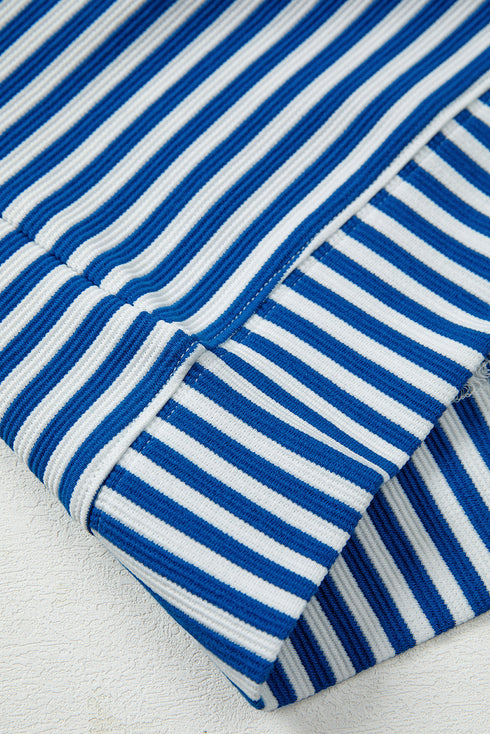 Striped Ribbed Knit Quarter Zip Long Sleeve Pullover