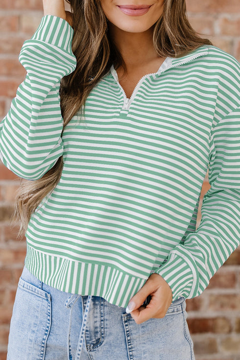 Striped Ribbed Knit Quarter Zip Long Sleeve Pullover