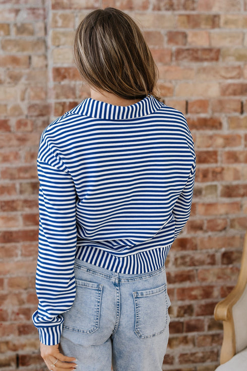 Striped Ribbed Knit Quarter Zip Long Sleeve Pullover