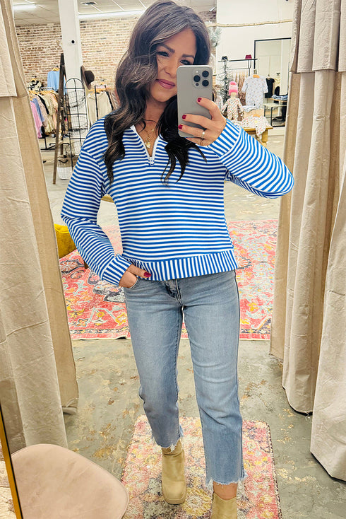 Striped Ribbed Knit Quarter Zip Long Sleeve Pullover