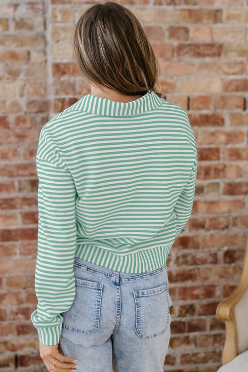 Striped Ribbed Knit Quarter Zip Long Sleeve Pullover