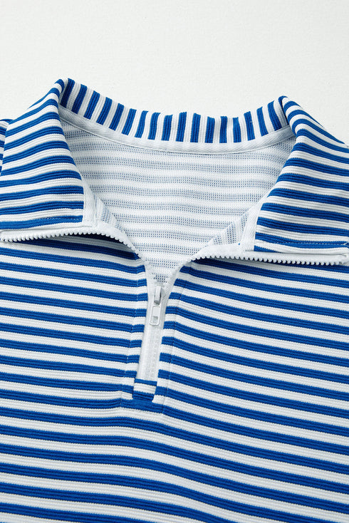 Striped Ribbed Knit Quarter Zip Long Sleeve Pullover