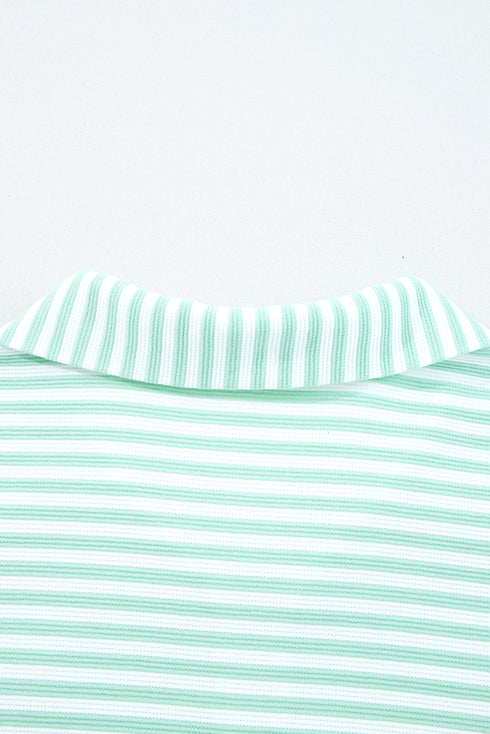 Striped Ribbed Knit Quarter Zip Long Sleeve Pullover