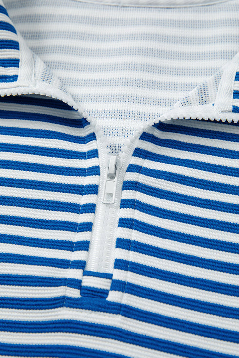 Striped Ribbed Knit Quarter Zip Long Sleeve Pullover