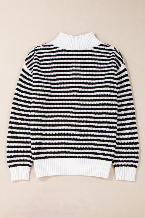 Striped Ribbed Knit Quarter Zip Pullover Sweater
