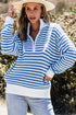 Striped Ribbed Knit Quarter Zip Pullover Sweater