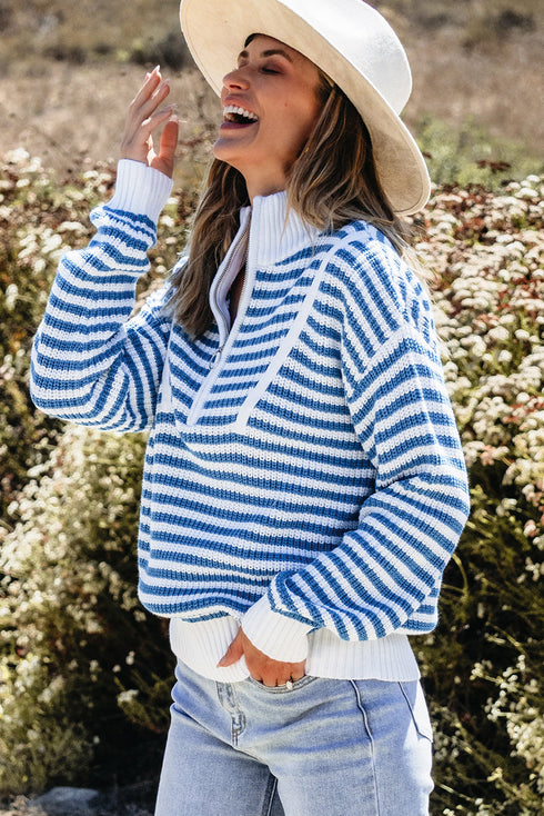 Striped Ribbed Knit Quarter Zip Pullover Sweater