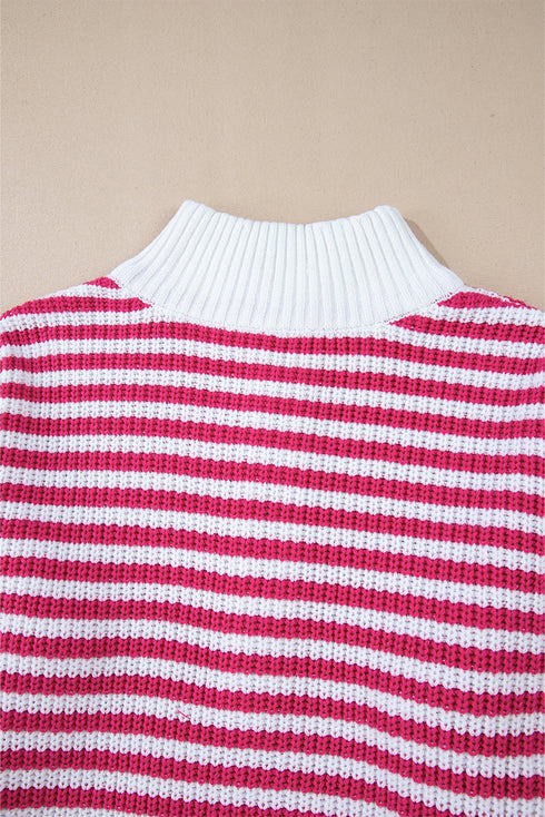 Striped Ribbed Knit Quarter Zip Pullover Sweater