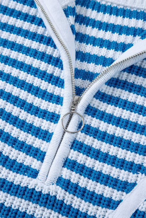 Striped Ribbed Knit Quarter Zip Pullover Sweater
