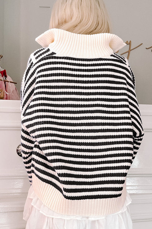 Striped Ribbed Knit Quarter Zip Pullover Sweater