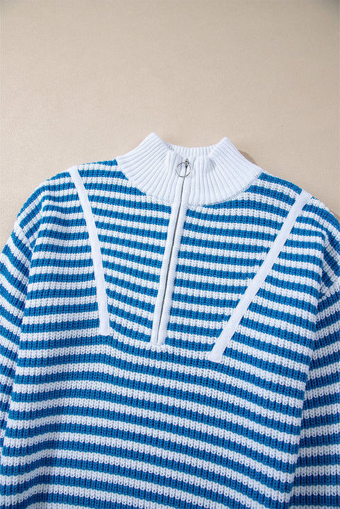 Striped Ribbed Knit Quarter Zip Pullover Sweater