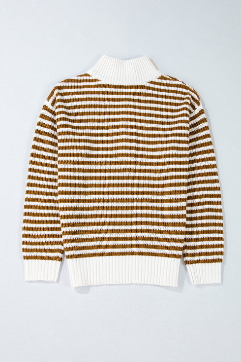 Striped Ribbed Knit Quarter Zip Pullover Sweater
