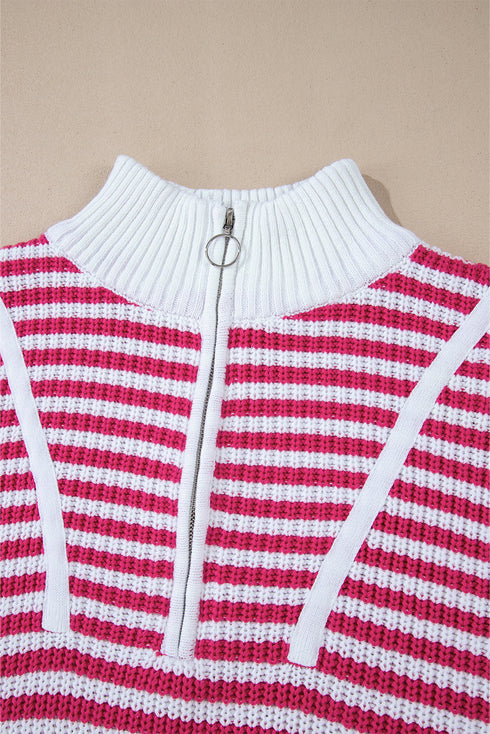 Striped Ribbed Knit Quarter Zip Pullover Sweater