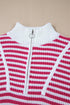 Striped Ribbed Knit Quarter Zip Pullover Sweater
