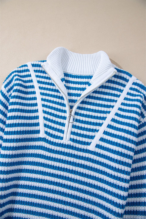 Striped Ribbed Knit Quarter Zip Pullover Sweater