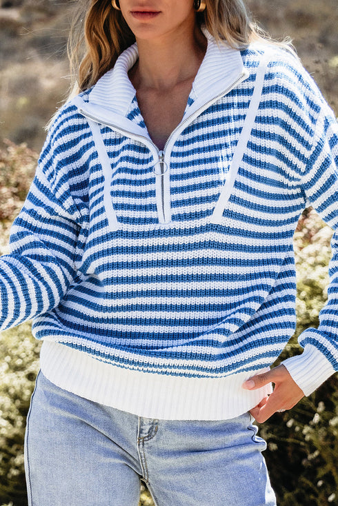 Striped Ribbed Knit Quarter Zip Pullover Sweater
