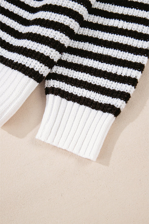 Striped Ribbed Knit Quarter Zip Pullover Sweater