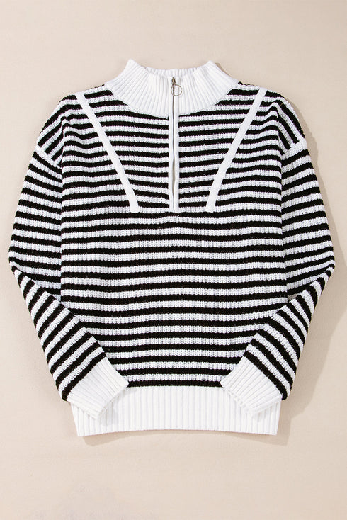 Striped Ribbed Knit Quarter Zip Pullover Sweater