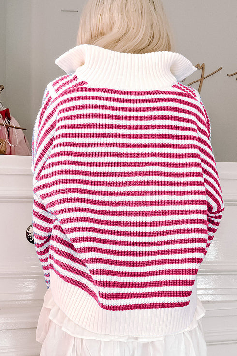Striped Ribbed Knit Quarter Zip Pullover Sweater
