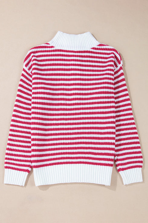 Striped Ribbed Knit Quarter Zip Pullover Sweater