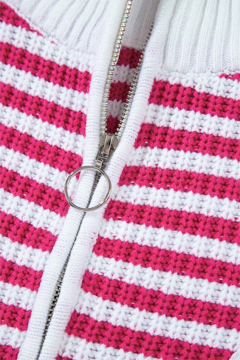 Striped Ribbed Knit Quarter Zip Pullover Sweater