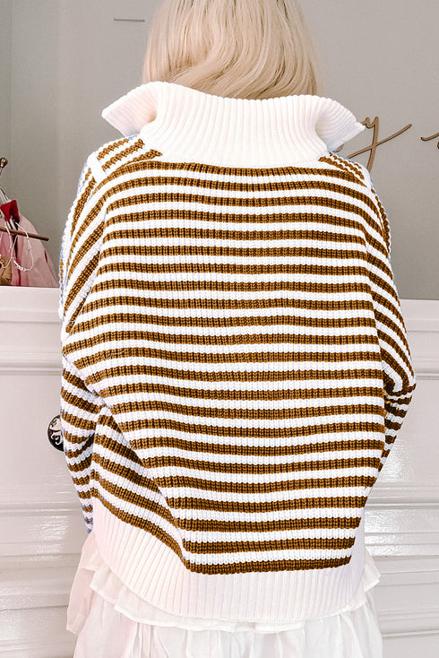 Striped Ribbed Knit Quarter Zip Pullover Sweater
