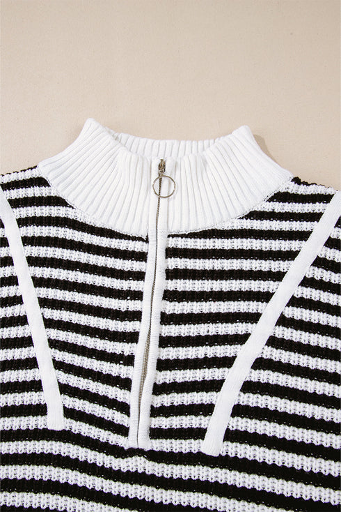 Striped Ribbed Knit Quarter Zip Pullover Sweater