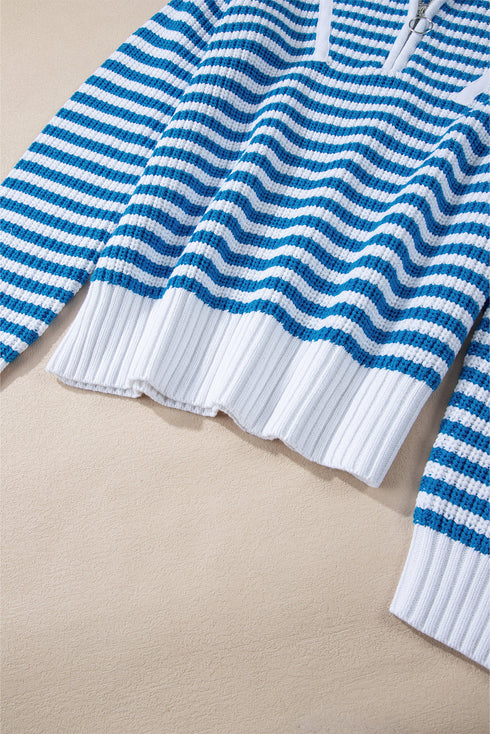 Striped Ribbed Knit Quarter Zip Pullover Sweater