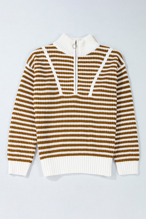 Striped Ribbed Knit Quarter Zip Pullover Sweater