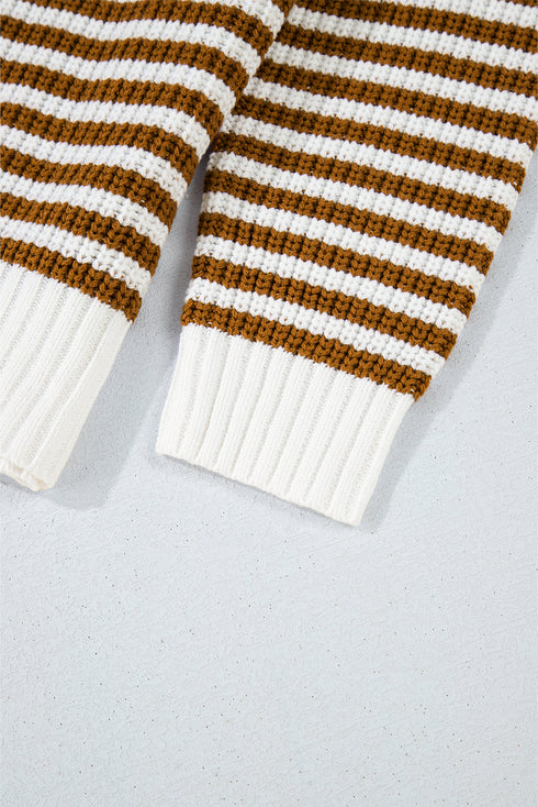 Striped Ribbed Knit Quarter Zip Pullover Sweater