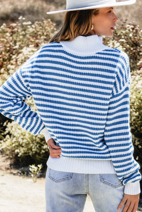 Striped Ribbed Knit Quarter Zip Pullover Sweater