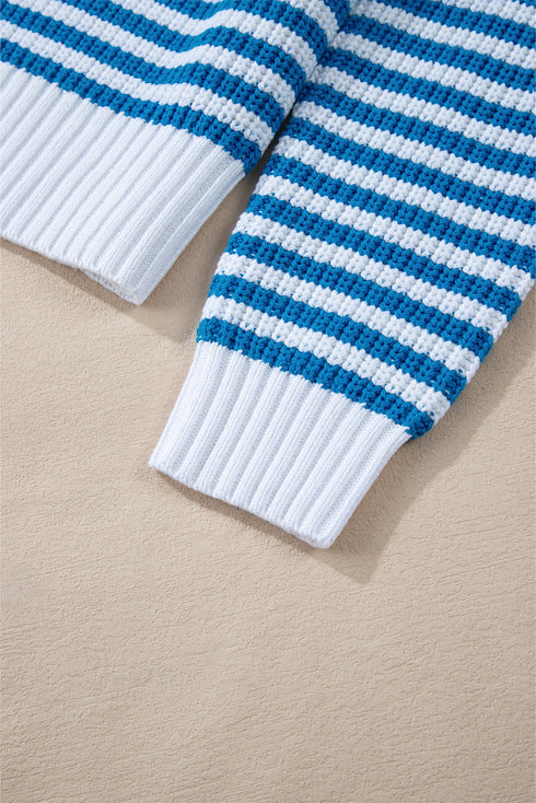 Striped Ribbed Knit Quarter Zip Pullover Sweater