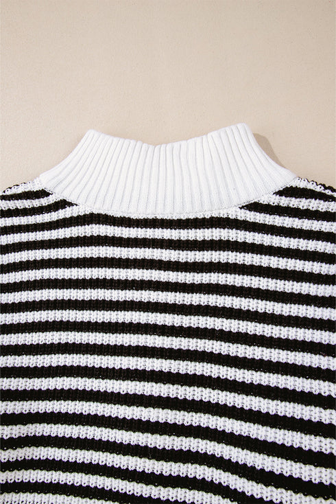 Striped Ribbed Knit Quarter Zip Pullover Sweater