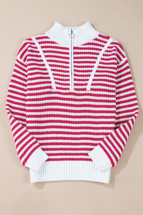 Striped Ribbed Knit Quarter Zip Pullover Sweater