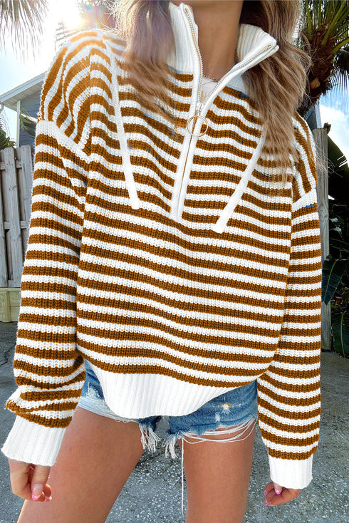 Striped Ribbed Knit Quarter Zip Pullover Sweater