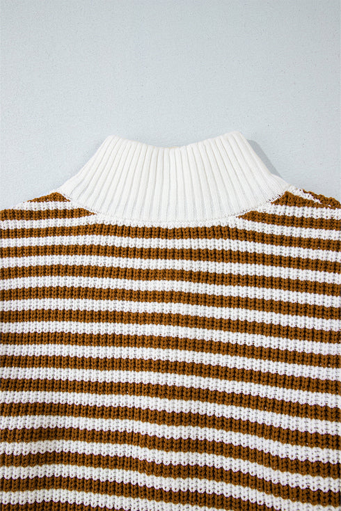 Striped Ribbed Knit Quarter Zip Pullover Sweater
