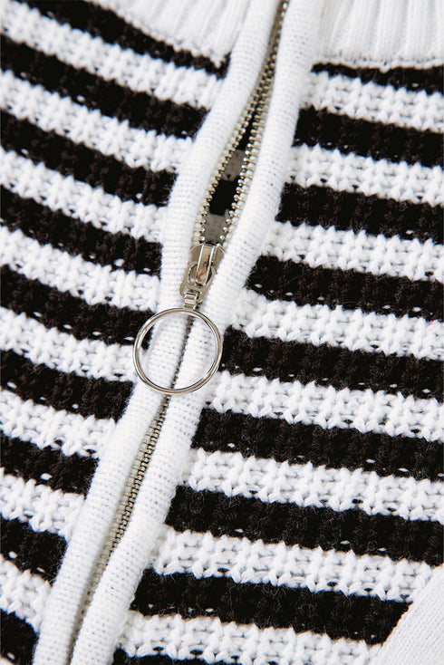 Striped Ribbed Knit Quarter Zip Pullover Sweater