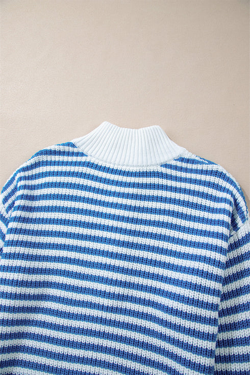 Striped Ribbed Knit Quarter Zip Pullover Sweater