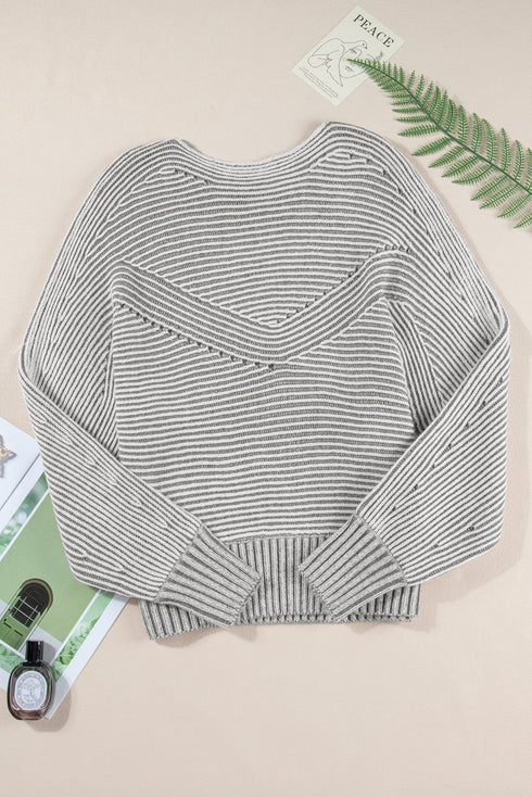 Striped Ribbed Knit Raglan Sleeve Relaxed Sweater