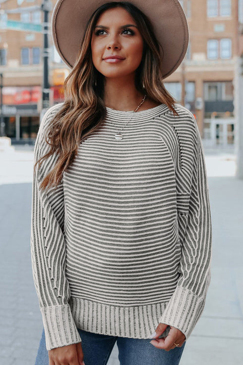 Striped Ribbed Knit Raglan Sleeve Relaxed Sweater