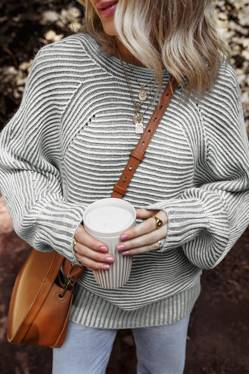 Striped Ribbed Knit Raglan Sleeve Relaxed Sweater