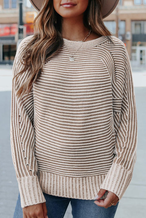 Striped Ribbed Knit Raglan Sleeve Relaxed Sweater